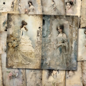 May include: A collage of vintage-style images featuring women in elegant dresses. The images are faded and textured, giving them a romantic and nostalgic feel.
