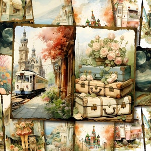 Kits de diário de viagem Junk Journal Vintage Junk Journal Cartão de viagem Imprimível Folha de colagem surrada Páginas de papel de transporte vitoriano para download
