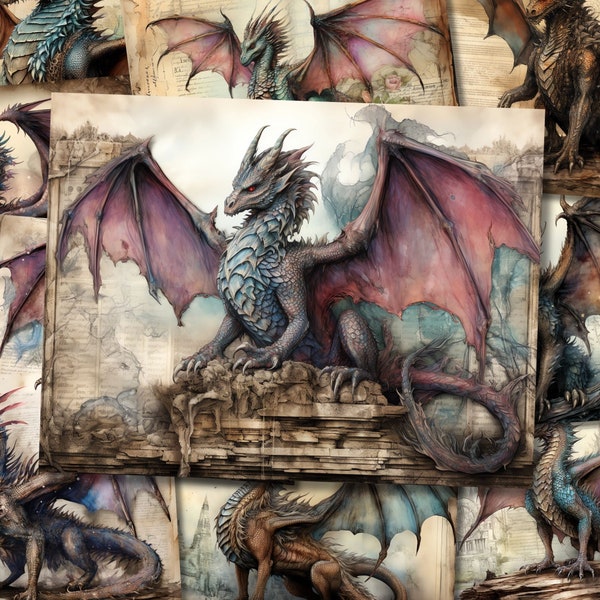 Dragon Sheet Paper Junk Journal Kit Fantasy Dragon Scrapbook Paper Journaling Page Mixed Media Junk Journal Supplies Collage Sheet Download