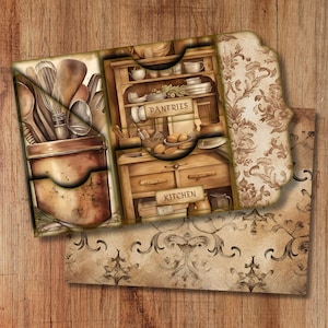 Vecchia dispensa e cucina Trifold Folio Junkjournal Kit Vintage fai da te Mini Folio Junk Journal Kit Kit cartella pieghevole digitale Inserto tascabile