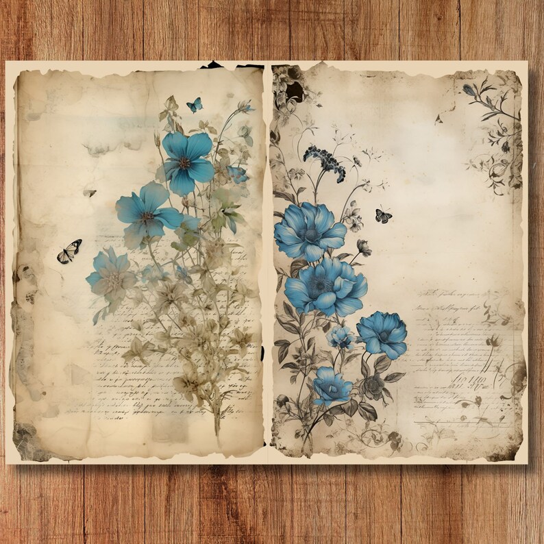 Tattered Blue Floral Watercolor Junk Journal Page Flower Journaling ...