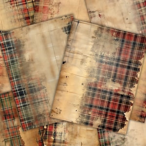 Foglio di collage sbiadito con plaid tartan natalizio vintage, kit per diario rustico stampabile, scrapbooking, creazione di biglietti, kit digitale digitale