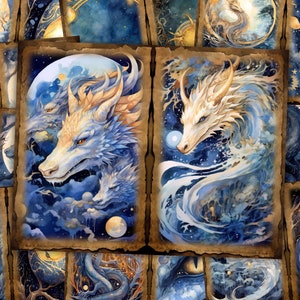 May include: A collage of digital art featuring multiple dragons with blue, white, and gold accents. The dragons are depicted in a fantasy setting with stars and moons in the background.