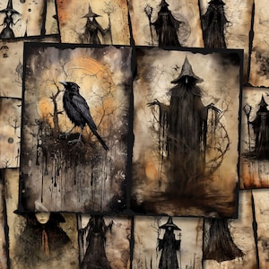 Peut inclure: Un collage d'art numérique mettant en scène des personnages sombres et des corbeaux dans un décor forestier. Les images sont dans un style vintage avec un fond délavé et texturé.