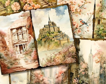 May include: A collage of watercolor paintings featuring various landmarks and scenes. The top left corner shows a lush green forest with a train track. The top right corner shows a pink and white cherry blossom tree with a blue bird. The bottom left corner shows a stone building with an archway. The bottom right corner shows a city skyline with a tall building and a street lined with trees. The center of the collage shows a watercolor painting of a castle on a rocky island.