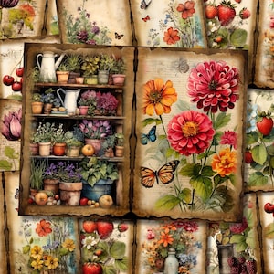 Kit de diario botánico con motivos florales de estilo shabby chic para jardinería, hojas para imprimir en papel, hojas para collage de estilo cottagecore, hojas para álbumes de recortes digitales y jardines