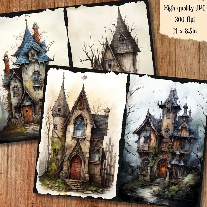May include: Four watercolor illustrations of spooky, gothic-style houses with intricate details. Each house has a unique design and is set against a backdrop of trees and foliage.
