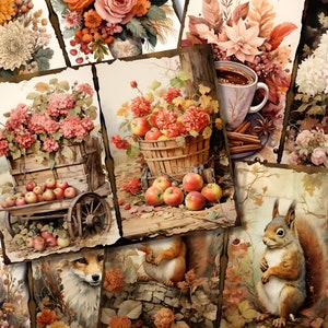 May include: A collage of images featuring autumnal themes. The collage includes a floral arrangement, a basket of apples, a squirrel, a fox, and a cup of coffee. The images are set against a background of fall foliage and textures.