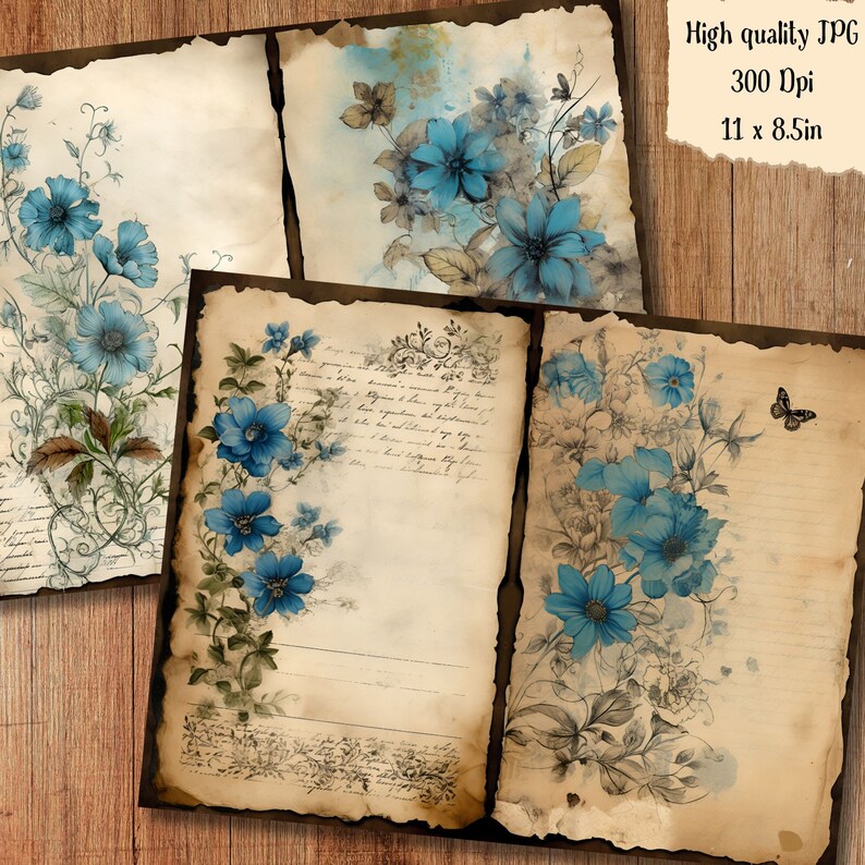 Tattered Blue Floral Watercolor Junk Journal Page Flower Journaling ...