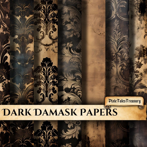 Dark Damask Background Paper Junk Journal Kit Decorative Collage Sheet Scrapbooking Mixed Media Art Pages Floral Pattern Decoupage Download