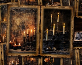 May include: A collage of images featuring antique books, candles, and roses. The candles are lit and cast a warm glow on the surrounding objects. The images are arranged in a grid pattern and have a vintage aesthetic.