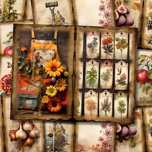 Kit de diario botánico con motivos florales de estilo shabby chic para jardinería, hojas para imprimir en papel, hojas para collage de estilo cottagecore, hojas para álbumes de recortes digitales y jardines