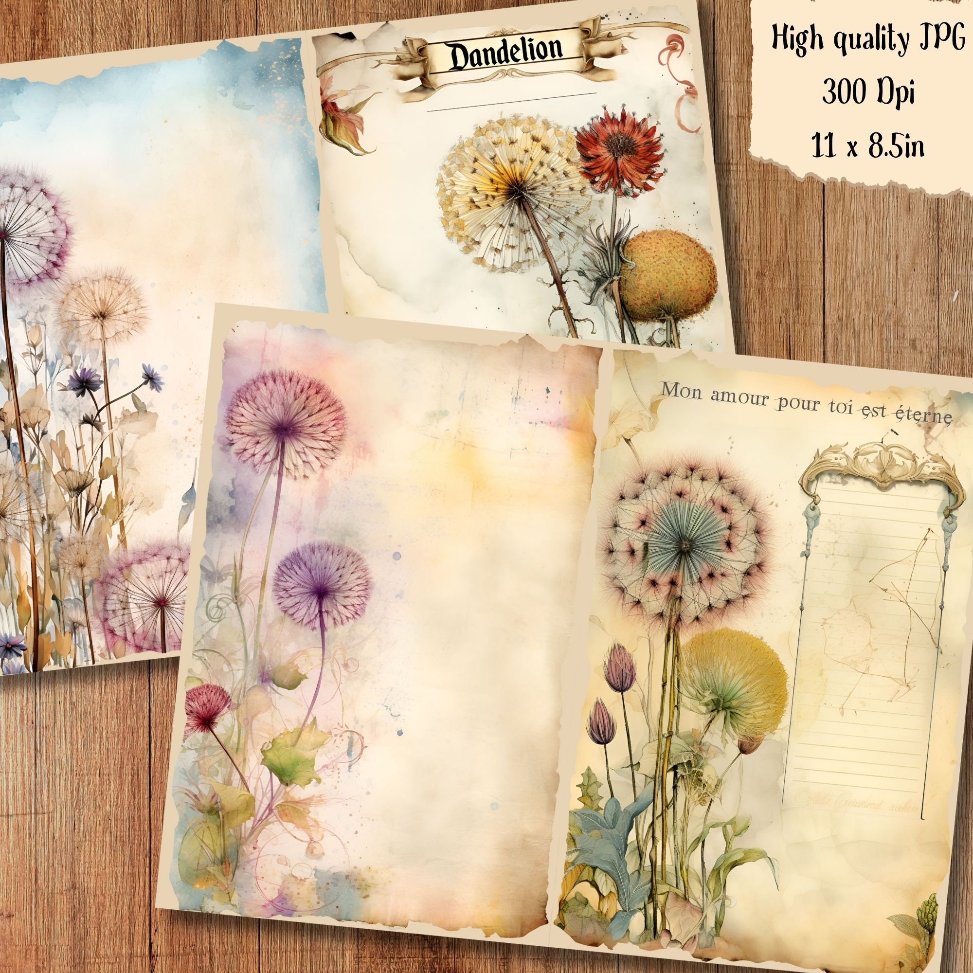 ダージリンページ★写真の60冊 Shabby Flower Junk Journal Pages Dandelion Wildflower