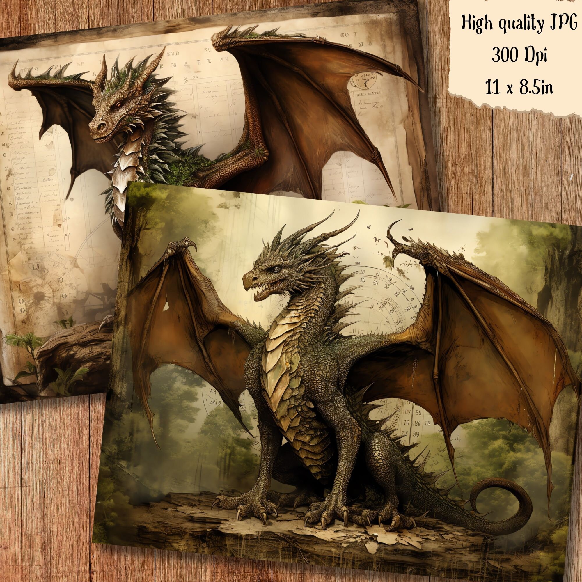 Forest Dragon Sheet Paper Junk Journal Kit Green Dragon Scrapbook Paper ...