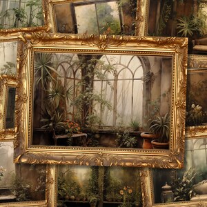 May include: A painting of a greenhouse with a large window and lush greenery. The window is framed in gold and the painting is surrounded by a decorative gold frame.