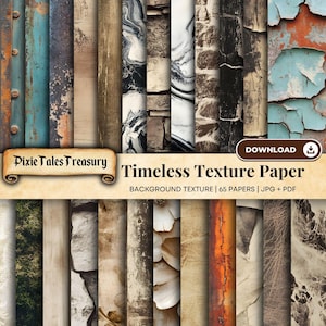May include: A collection of 65 digital paper textures in a variety of styles, including wood, stone, metal, and fabric. The papers are perfect for creating backgrounds, scrapbooking, and other craft projects.  The text on the image reads "Timeless Texture Paper, Background Texture | 65 Papers | JPG + PDF".