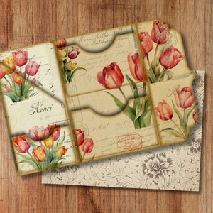 Tulpen Aquarel Driebladige Folio Junkjournal Kit Vintage DIY Mini Folio Junk Journal Kit Digitale Folding Folio Map Kit Pocket Insert