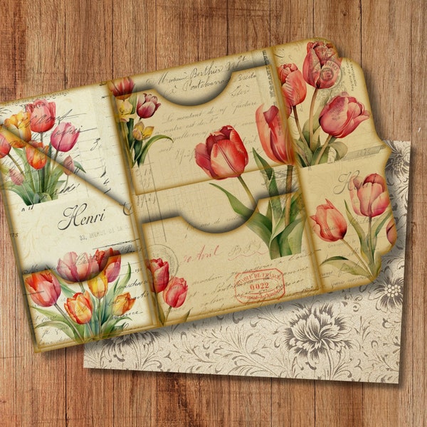 Tulips Watercolor Trifold Folio Junkjournal Kit Vintage DIY Mini Folio Junk Journal Kit Digital Folding Folio Folder Kit Pocket Insert