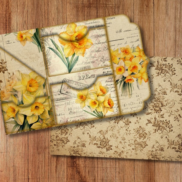 Daffodil Watercolor Trifold Folio Junkjournal Kit Vintage DIY Mini Folio Junk Journal Kit Digital Folding Folio Folder Kit Pocket Insert