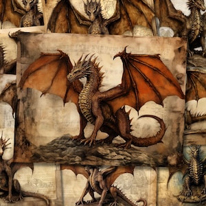 Vintage Dragon Paper Junk Journal Kit Brown Dragon Scrapbook Paper Journaling Page Mixed Media Junk Journal Supplies Collage Full Sheet