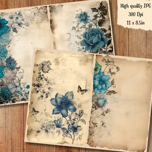 Tattered Blue Floral Watercolor Junk Journal Page Flower Journaling ...