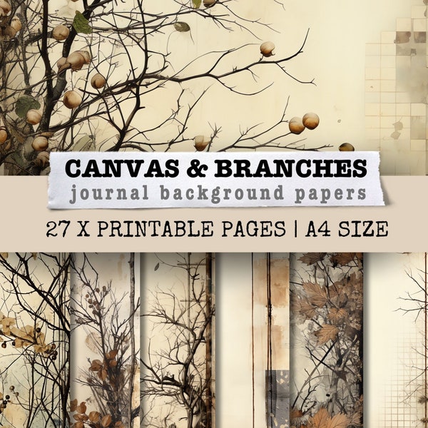 Canvas and Branches Nature Junk Journal Kit Collage Sheet Background Paper Mixed Media Art Scrapbooking Pages Shabby Digital Download