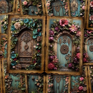 May include: A collage of images featuring ornate, vintage-style doors decorated with flowers and greenery. Each door is painted a vibrant teal blue and has intricate details, including a keyhole and a knocker. The doors are set against a backdrop of aged parchment paper, adding to the antique aesthetic.