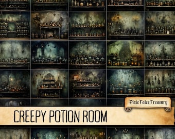 May include: A digital collage of 16 images showing a dark, mysterious room filled with shelves of glass bottles and jars. The room is dimly lit and has a spooky, gothic atmosphere. The text "Creepy Potion Room" is displayed at the bottom of the collage.