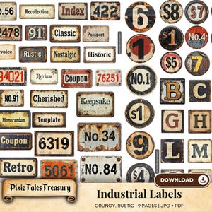 Imprimíveis de etiquetas industriais, kit de design de itens efêmeros vintage, suprimentos para scrapbooking de diário de lixo, ferramenta de artesanato faça você mesmo com números, palavras e meses