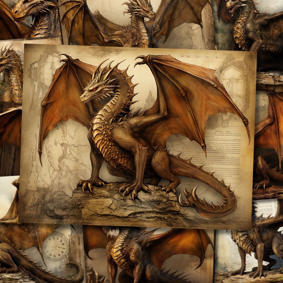 Gold Dragon Paper Junk Journal Kit Magical Dragon Scrapbook Paper ...