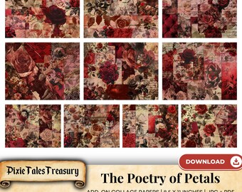 Add-on-pakket collagepapier rode roos, 10 vintage shabby-achtergronden, romantische ephemera voor scrapbooking, junkjournals en afdrukbaar knutselen