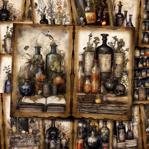 May include: A vintage-style illustration of a collection of potion bottles, jars, and other apothecary items. The bottles are filled with colourful liquids and have labels with handwritten text. The image is set against a dark background with a book and other decorative elements.