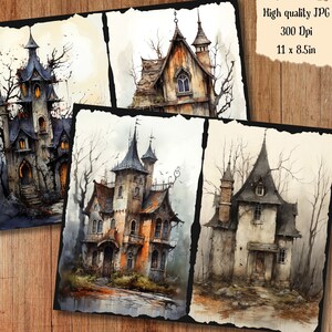 May include: Three watercolor paintings of spooky, gothic-style houses with tall, pointed roofs and windows. The houses are set against a backdrop of bare trees and a cloudy sky.