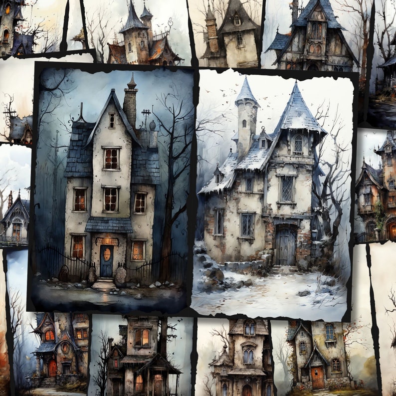 May include: A collage of watercolor paintings depicting various spooky houses with intricate details. The houses are painted in shades of gray, white, and brown, with accents of black and red. The houses are set against a backdrop of dark trees and a snowy landscape.