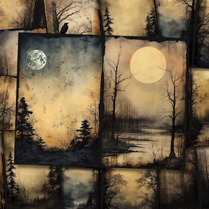 Pagine del diario di spazzatura della foresta illuminata dalla luna inquietante Kit di diario di spazzatura nero fantasy oscuro Kit digitale di Halloween Foglio di collage di carta digitale gotico stampabile