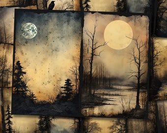 Creepy Moonlit Forest Junk Journal Páginas Dark Fantasy Black Junkjournal Kit Halloween Digi Kit Goth Digital Paper Collage Hoja imprimible