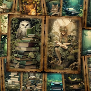 Kit de diario basura para amantes de los libros del bosque, bibliotecario, biblioteca mágica, collage, hoja de papel, escuela de fantasía y magia verde, álbum de recortes, arte, descarga