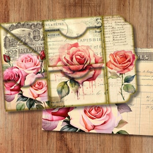 Kit de mini-journal indésirable à trois volets Roses, kit de mini-journal indésirable bricolage vintage, kit de dossier folio pliable numérique, pochette éphémère