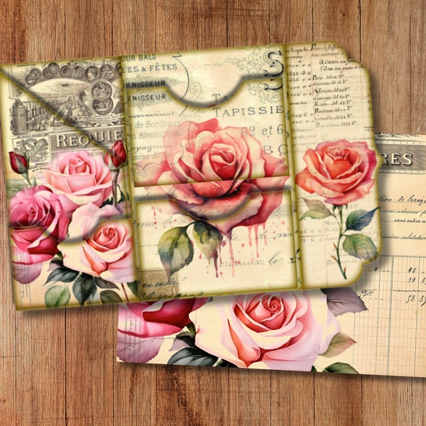 Roses Trifold Folio Junkjournal Kit Vintage DIY Mini Folio Junk Journal Kit Digital Folding Folio Folder Kit Pocket Insert Ephemera Pack