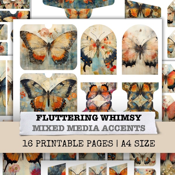 Fluttering Whimsy Butterfly Ephemera Junk Journal Kit Paper Mixed Media Art Scrapbooking Page Collage Sheet Printable Digital Download