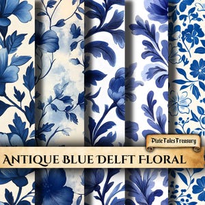 Papel floral azul de Delft, papel para diario basura de estilo antiguo azul y blanco, materiales para manualidades florales de inspiración holandesa, hoja de fondo para decoupage