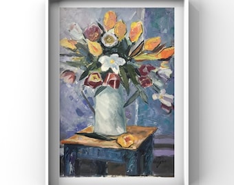 Peinture de tulipes de printemps, bouquet de peinture sur bleu, fleurs de jardin de printemps, peinture à l’huile originale sur toile de Wilgan, fleurs dans un vase,