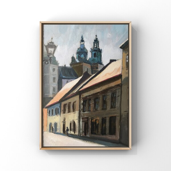 Krakow Old Town, Kanonicza Street with a view of Wawel Castle, city landscape, hand-painted oil painting with a brush