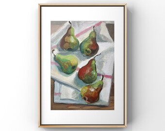 Pears on the table,Pear oil painting,Still life hand-painted oil painting,