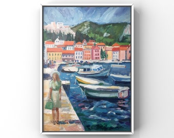 In Greek Port, Original Oil Painting, City Landscape, Impressionist Painting, Wilgan
