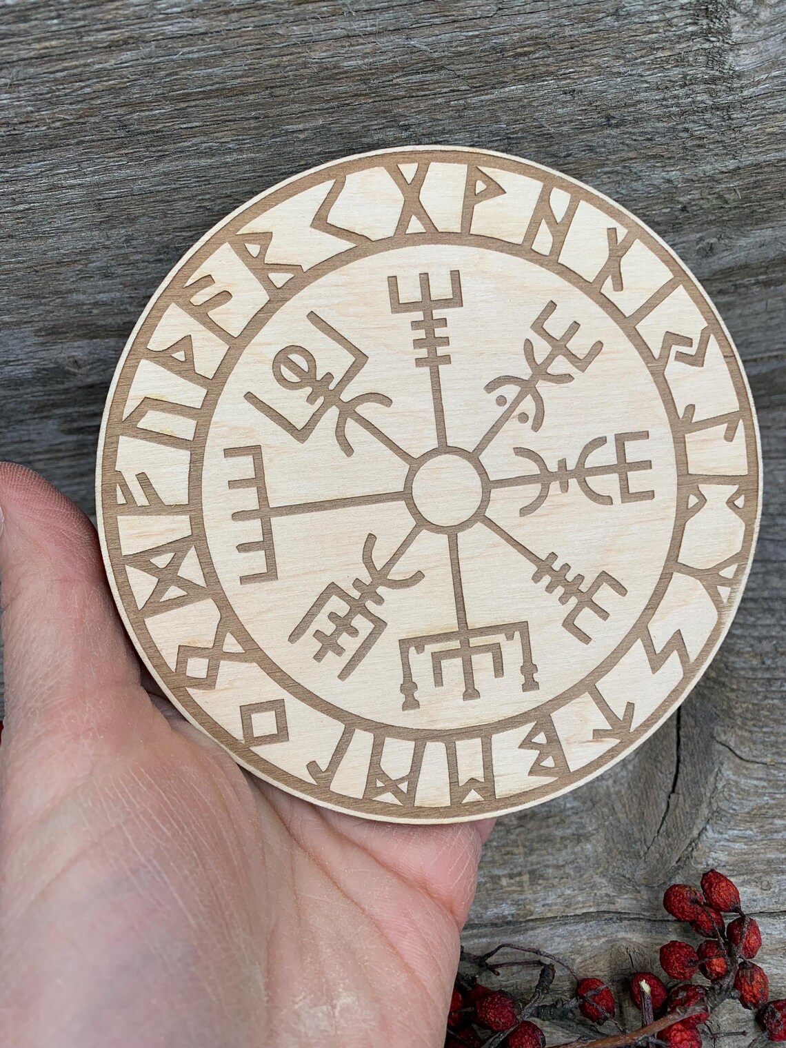 Nirdic Compass Wooden Vegvisir Viking Compass, Nordic Compass, Runic Design ...