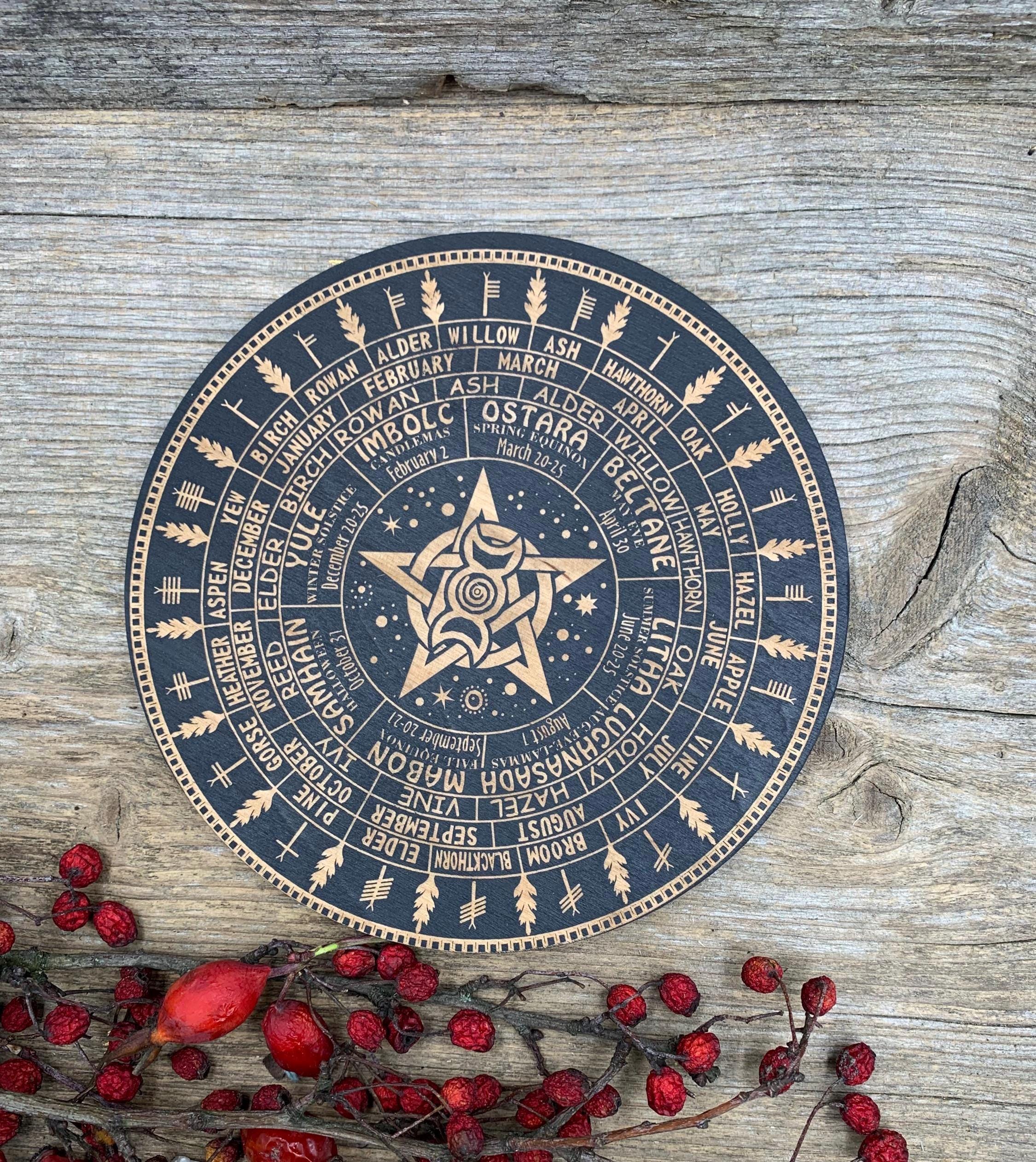 World Rune Wheel Wooden Wheel of the Year, Ogham Runes, Wiccan Pagan Calendar - Etsy