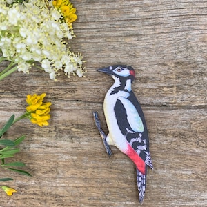 Wooden brooch, woodpecker, bird pin, jewelry, gift idea