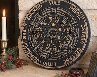 Roue païenne de l'année en bois, calendrier wicca