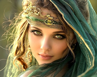 May include: A woman with long blonde hair wears a green veil with gold trim. She has on a gold headband with a green jewel and gold accents. Her eyes are green and she is looking at the camera.